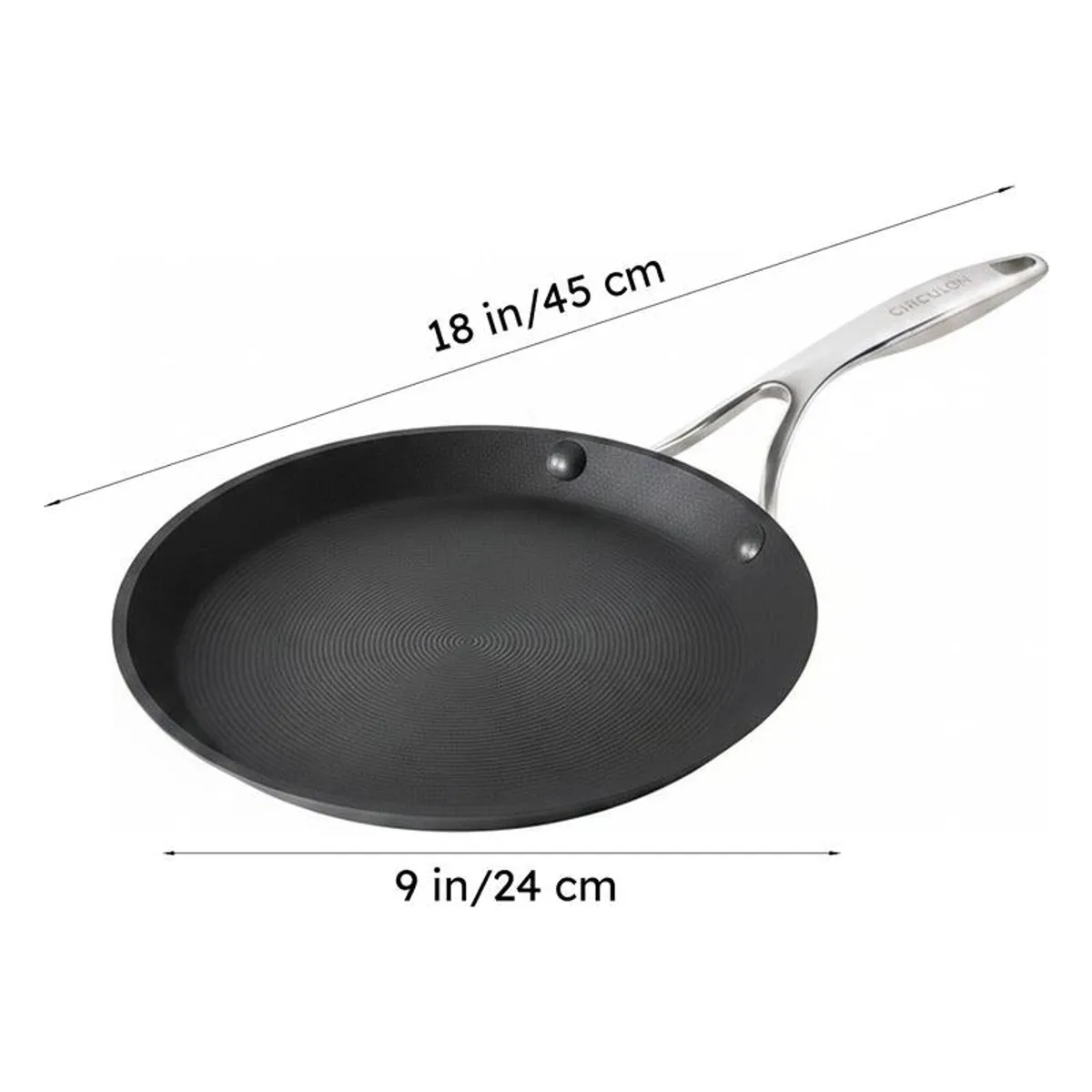 Black dosa tawa displayed at an angle on a plain light background