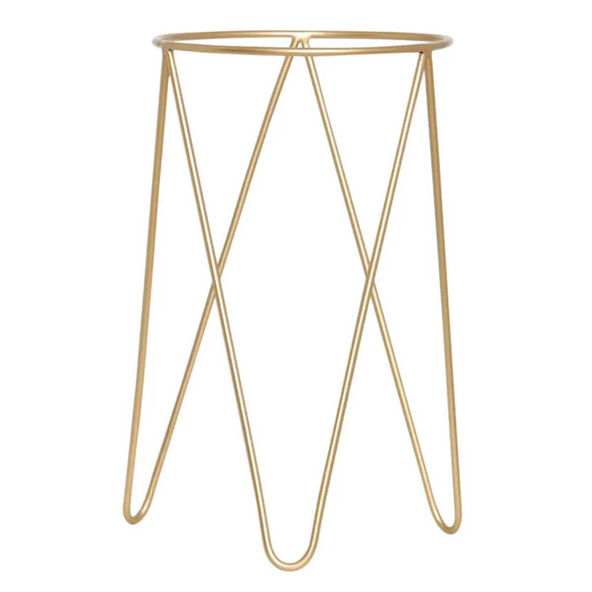 Close-up of a gold metal planter stand on a white background