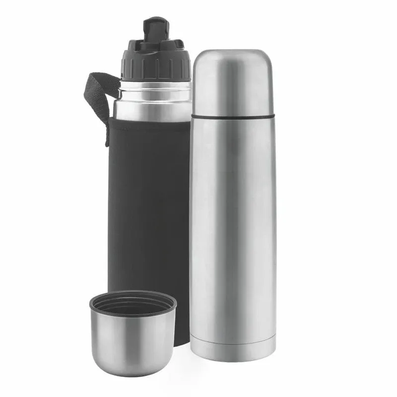 Silver steel bottle with black carry bag and detached cup lid