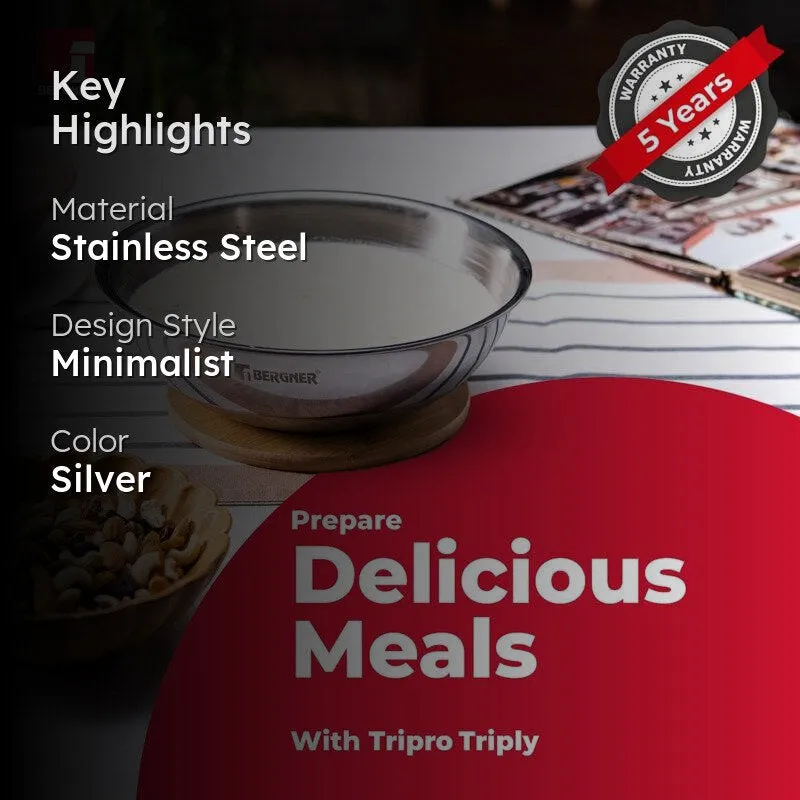 Bergner Tripro Triply Stainless Steel Cook and Serve Tasra With Lid - 3000 ML media 2