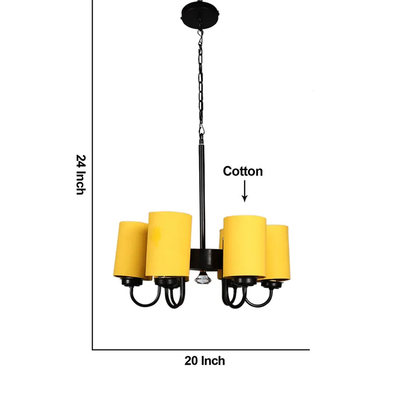 Yellow multi-shade ceiling lamp with black frame shown against a white background