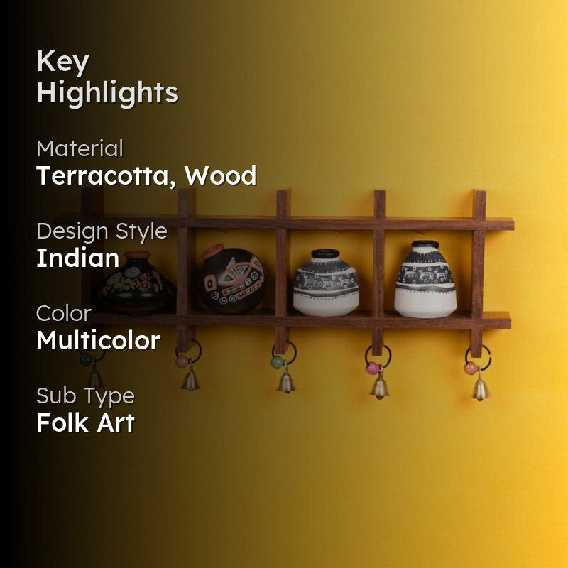 Pelu Grided Wooden Wall Shelf With Warli Pot - Five Piece Set media 2