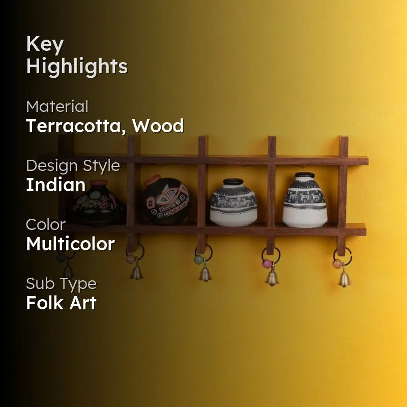 Pelu Grided Wooden Wall Shelf With Warli Pot - Five Piece Set media 2