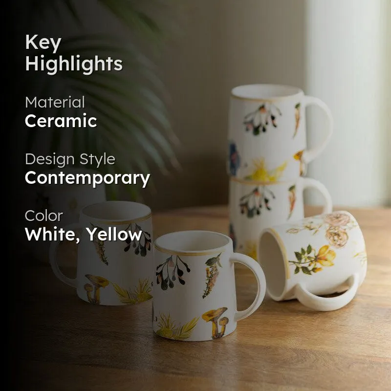Floral tea cups with text overlay showing ceramic material and colours
