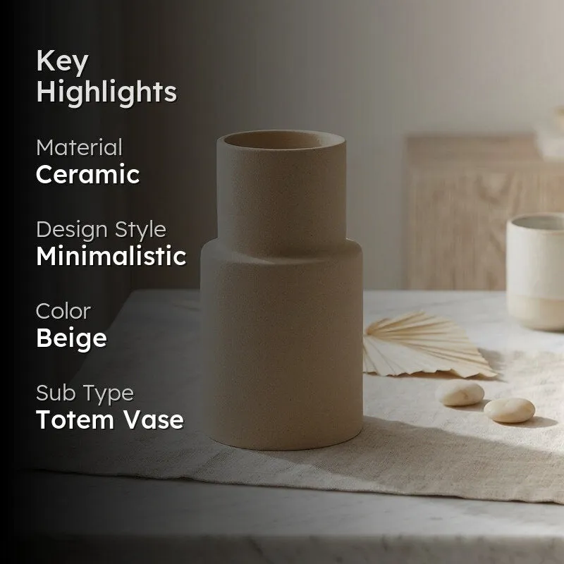 Beige ceramic totem vase with key highlights graphic overlay