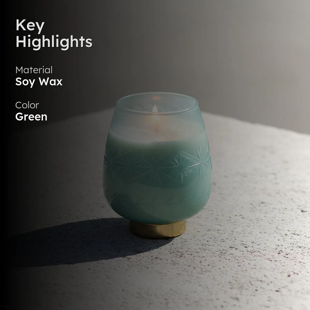Green patterned candle shown with key highlights text