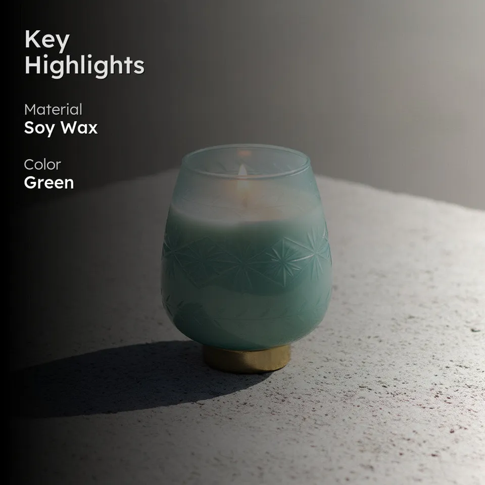 Green patterned candle shown with key highlights text