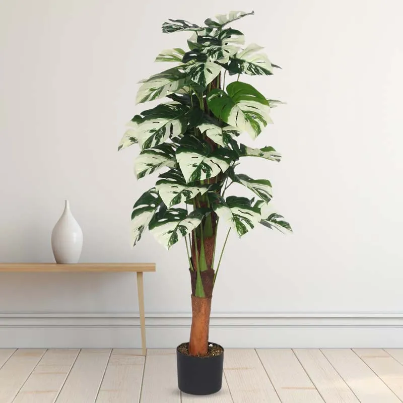 Faux Lush White Monstera Plant With Black Plastic Pot - 4 Feet media 3