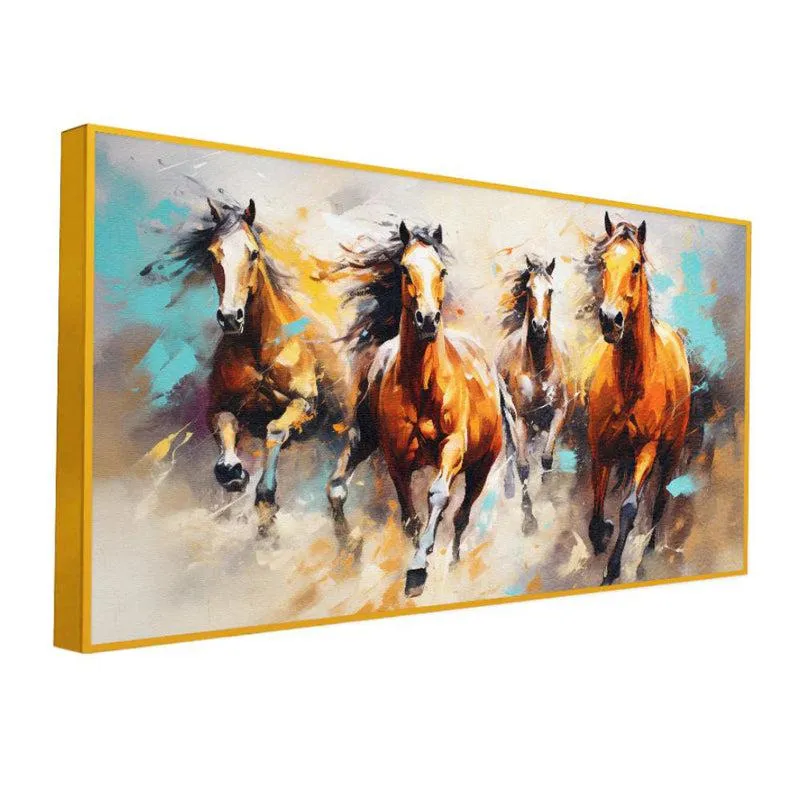 Roan Stallions Canvas Wall Painting With Frame - Gold media 4