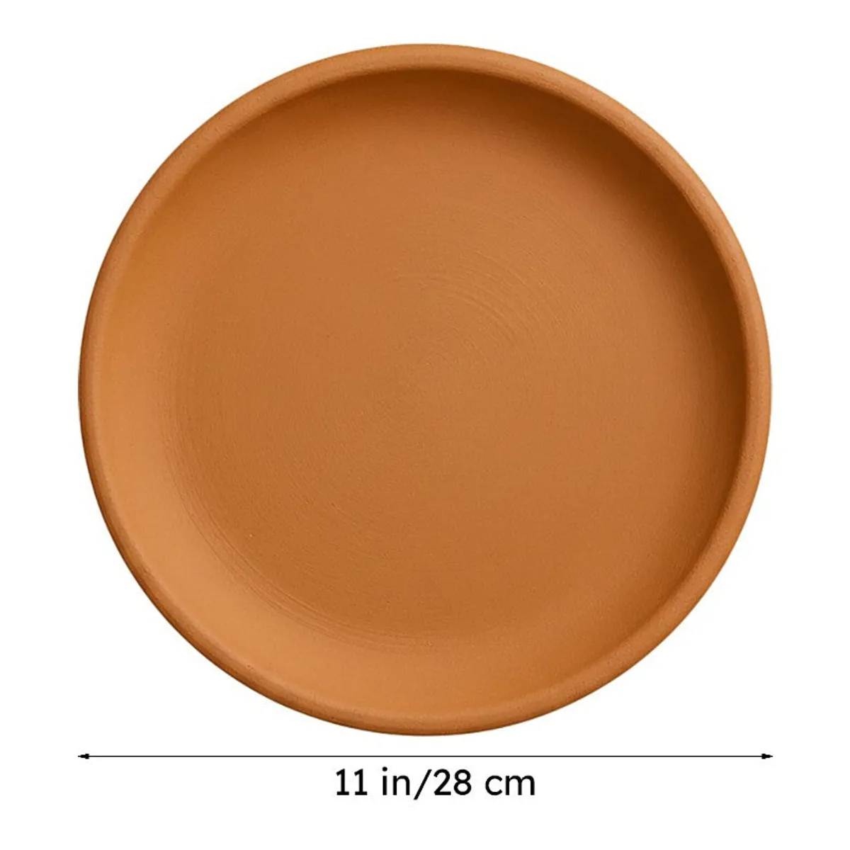 Close-up of a round terracotta wall plate on a white background