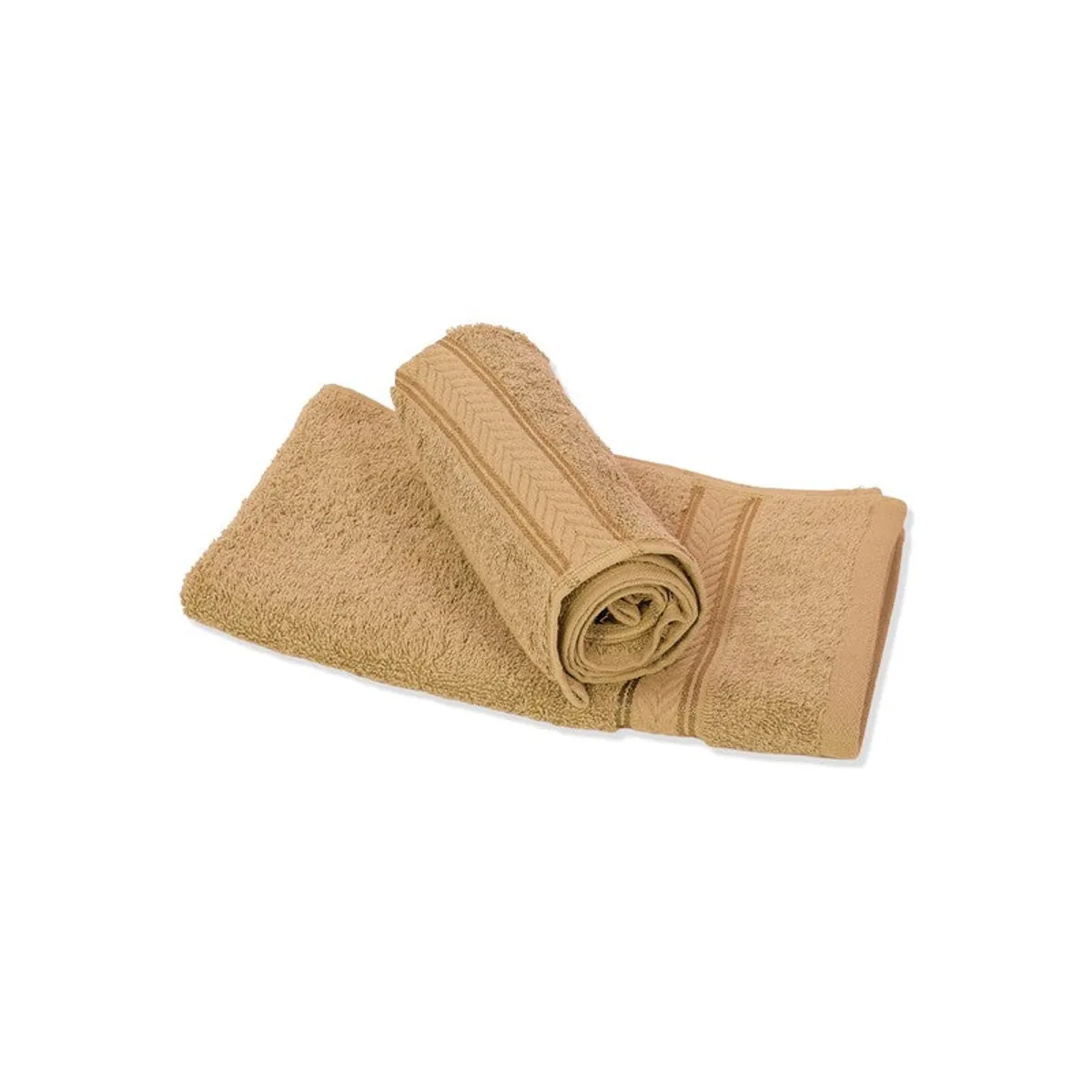 Beige hand towels rolled and folded against a white background
