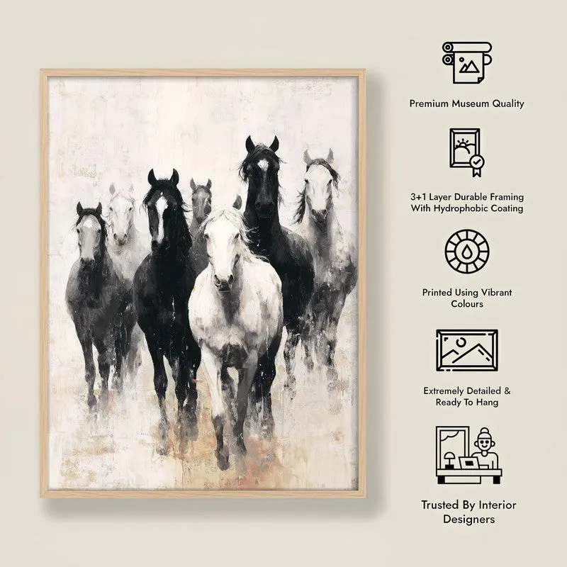 Charcoal Horse Stampede Wall Painting With Brown Frame media 10