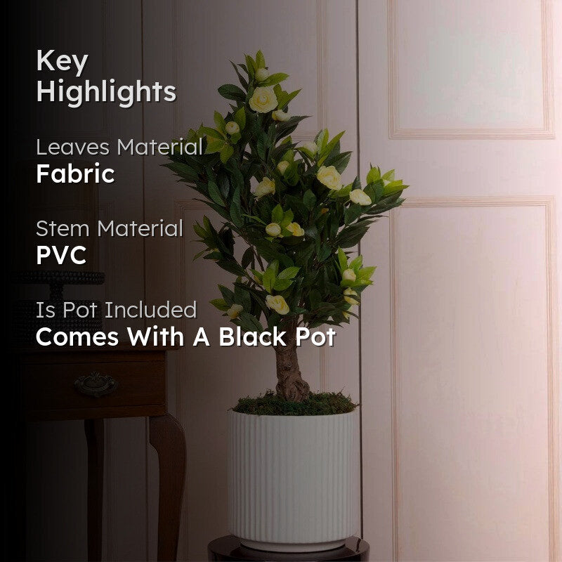 Artificial Yellow Camelia Rose Plant With Black Fiber Pot - 2.6 Feet media 2
