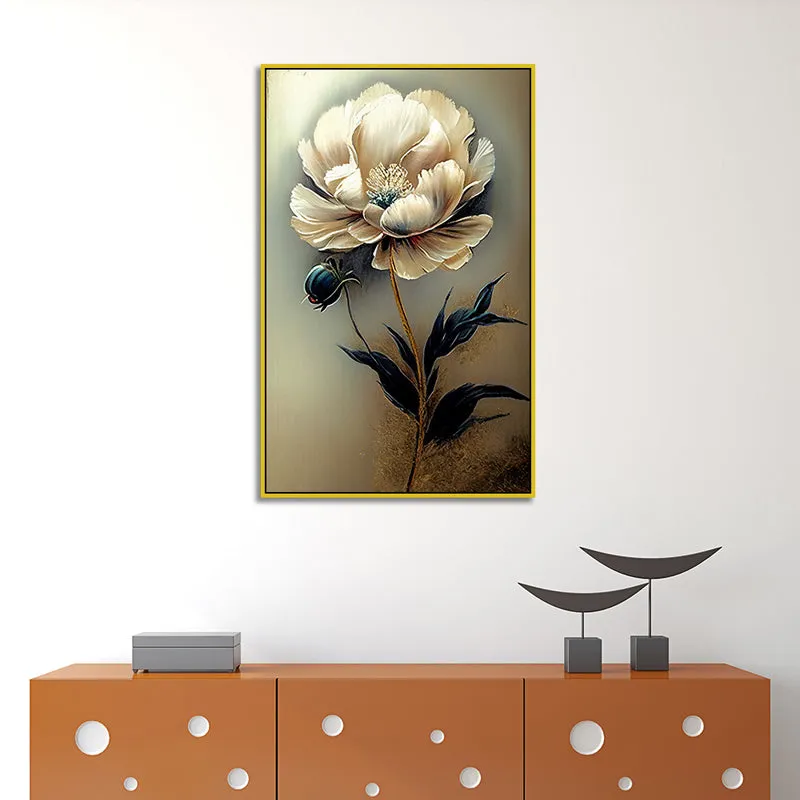 The Ivory Veil Floral Canvas Wall Painting With Frame - Gold media 1