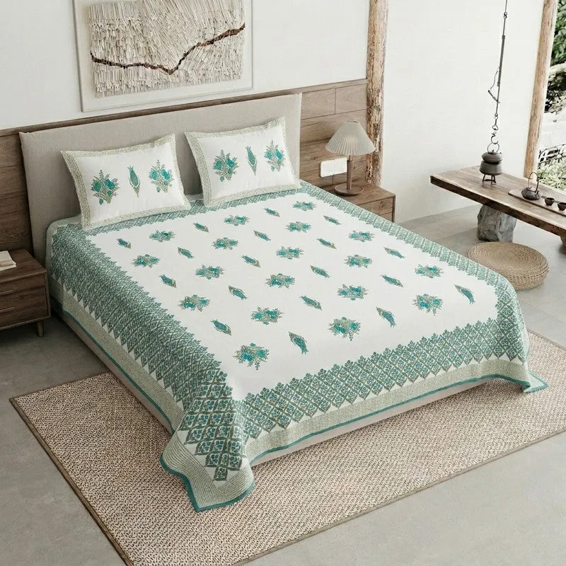 Ethnic Bloom Cotton Bedsheet (Green,White) - 120 TC media 1