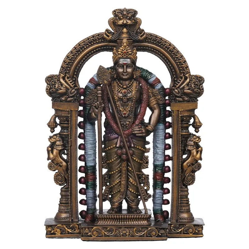Front-facing Vel Murugan idol with detailed arch and colourful embellishments