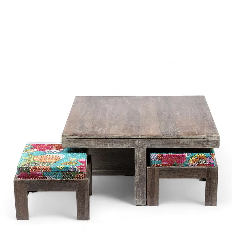 Exiron Sheesham Wooden Center Table with Stools and Cushions (Grey,Green) - Nine Piece Set media 3
