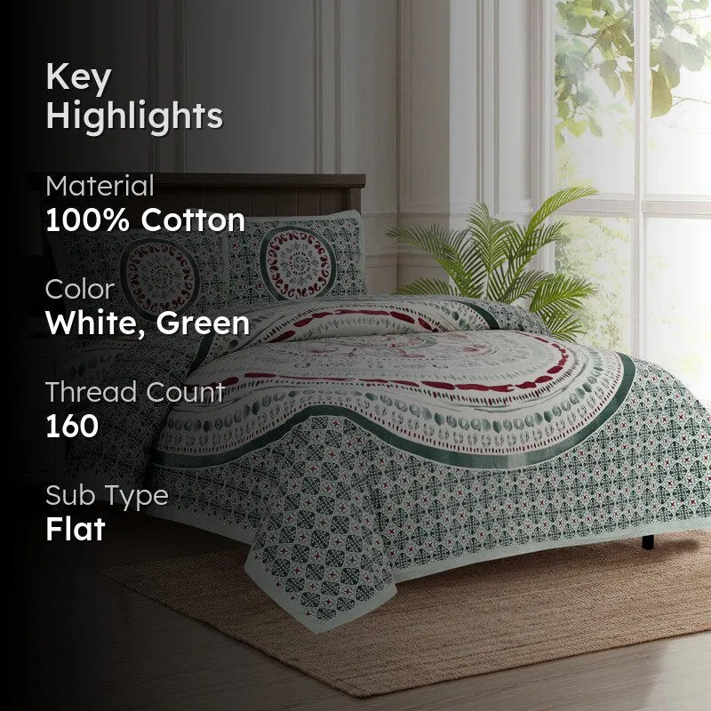 Mekhala Ethnic Cotton Flat Bedsheet (White & Green) - 160 TC media 2