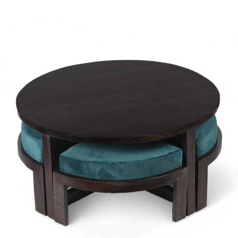 Ixeron Sheesham Wooden Center Table with Stools and Cushions (Blue) - Nine Piece Set media 4