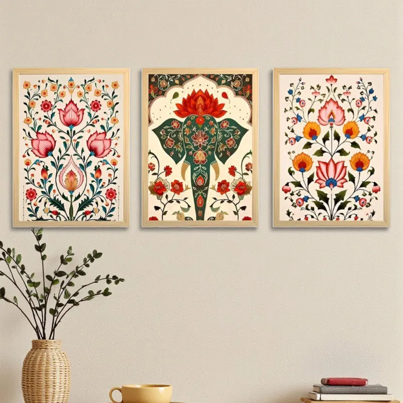 Gul-E-Hathi Mughal Wall Art With Frame (Pink) - Set Of Three media 1