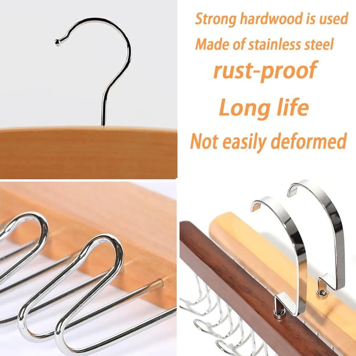 Close-up collage of wooden hanger and silver hook details