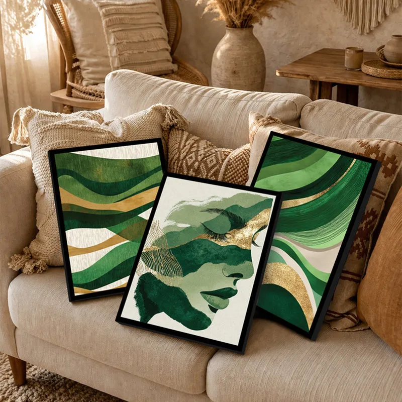 Emerald Flow Abstract face Wall Art - Set Of Three media 4