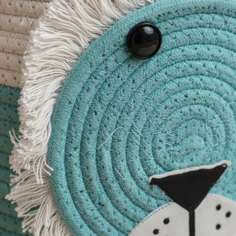 Close-up of the blue lion-face detail on the cotton basket