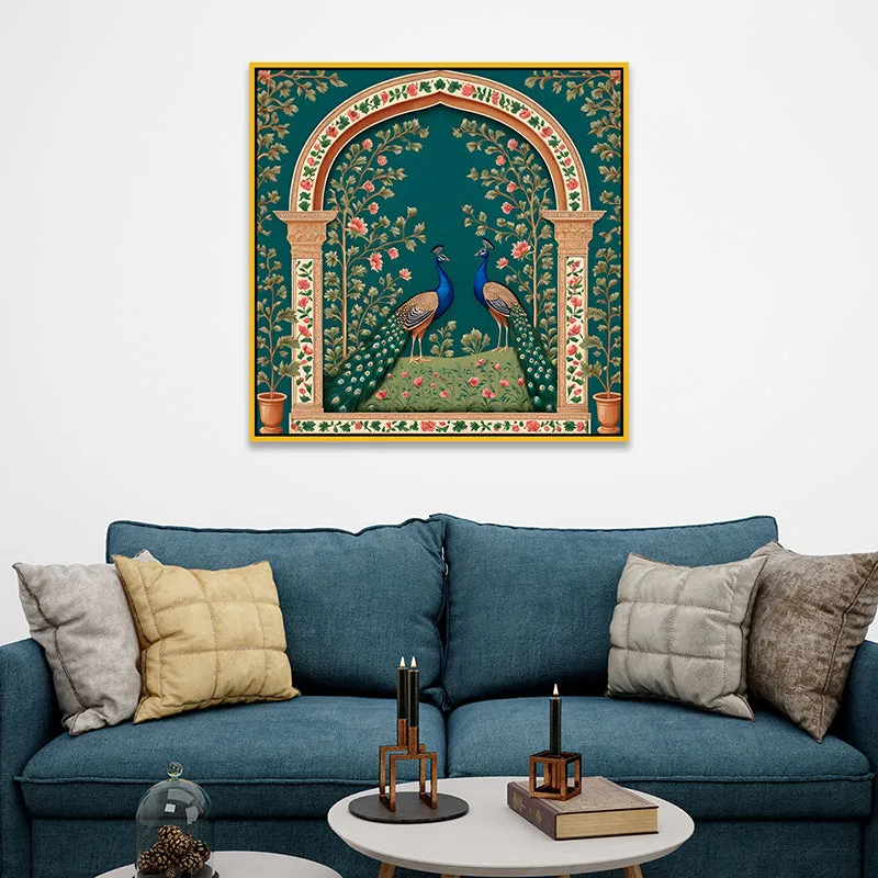 Vibrant Mayura Duo Canvas Wall Painting With Frame - Gold media 4