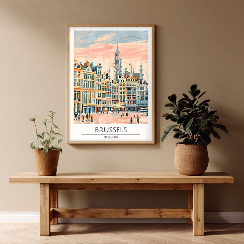 Vintage Brussels Framed Canvas Archival Canvas Wall Painting - Natural Brown Frame