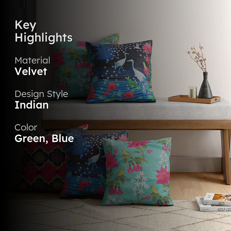 India Circus Sakura Stork Printed Velvet Cushion Cover - Set Of Five media 2