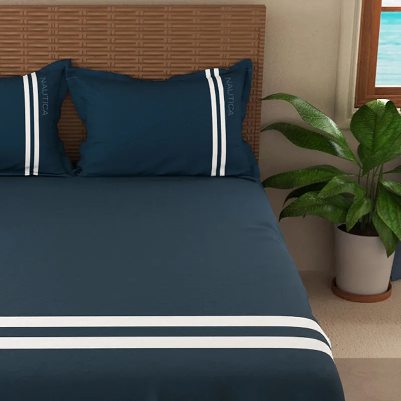 Nautica Dune Line Cotton Bedsheet (White & Navy Blue (500 TC) - 500 TC media 4