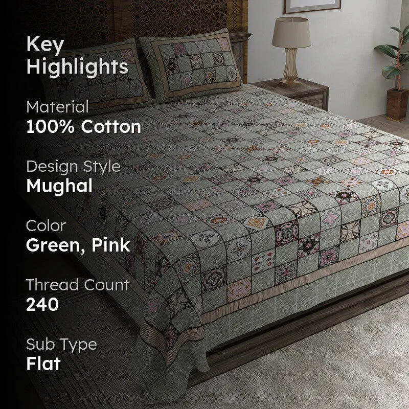 Weaveza Cotton Bedsheet (Green,Pink) - 240 TC media 2