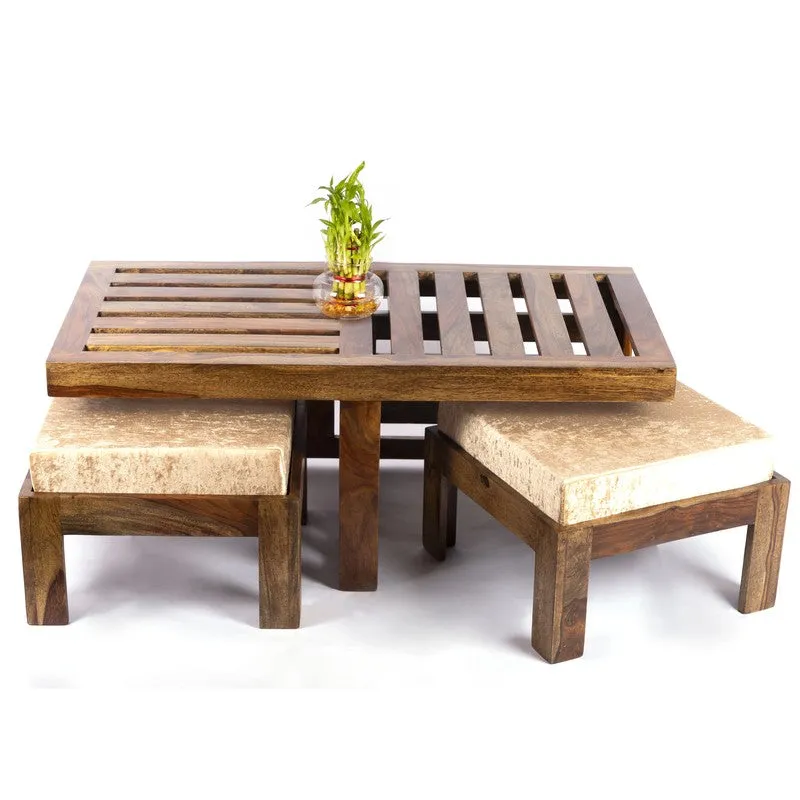 Dravon Sheesham Wooden Center Table with Stools (Brown,Beige) - Five Piece Set media 5