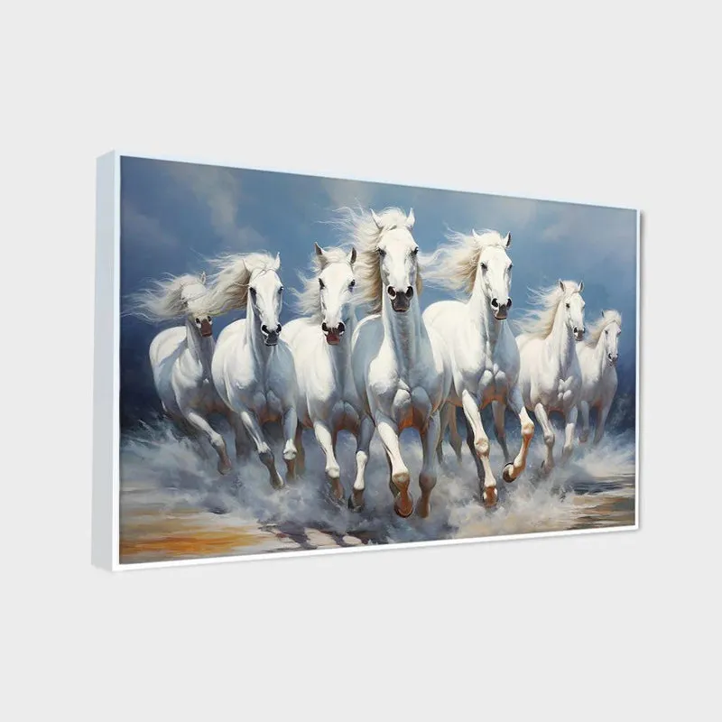 Stallions In Wind Canvas Wall Painting With Frame - White media 4