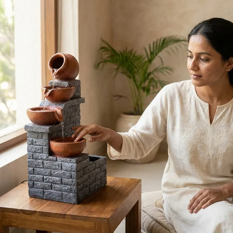 Woman beside a brown and grey tabletop cascade fountain in a living room