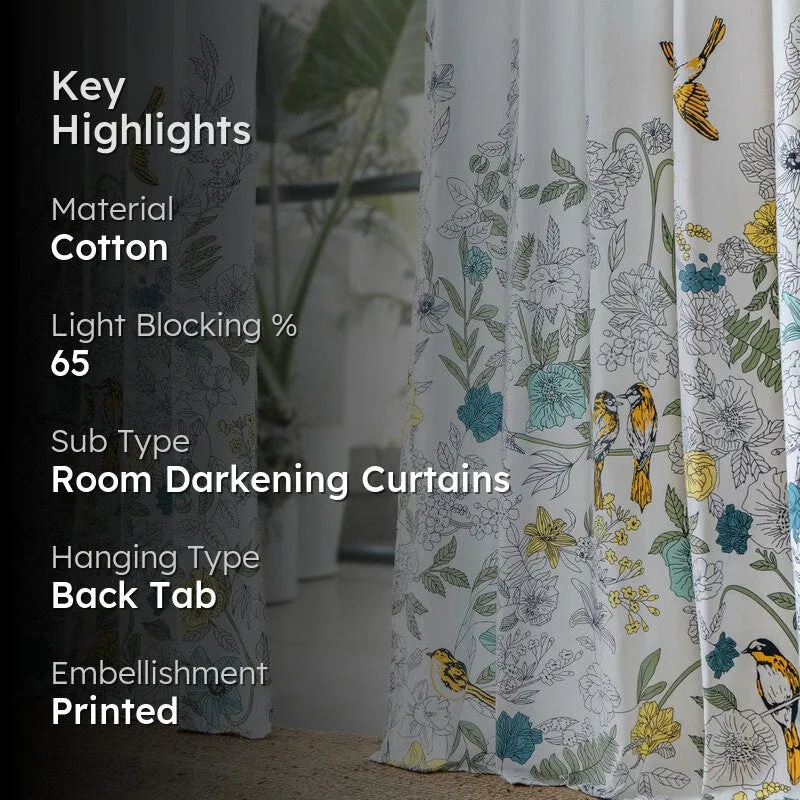 Yellow Forest Canopy Cotton Room Darkening Curtains with bird and nature print, feature view