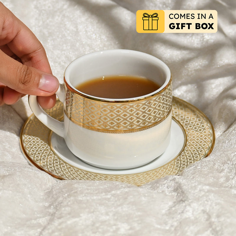 Jewel Cream 24k Gold Brushed Porcelain Tea Cup & Saucer (280 mL) - Set of Six
