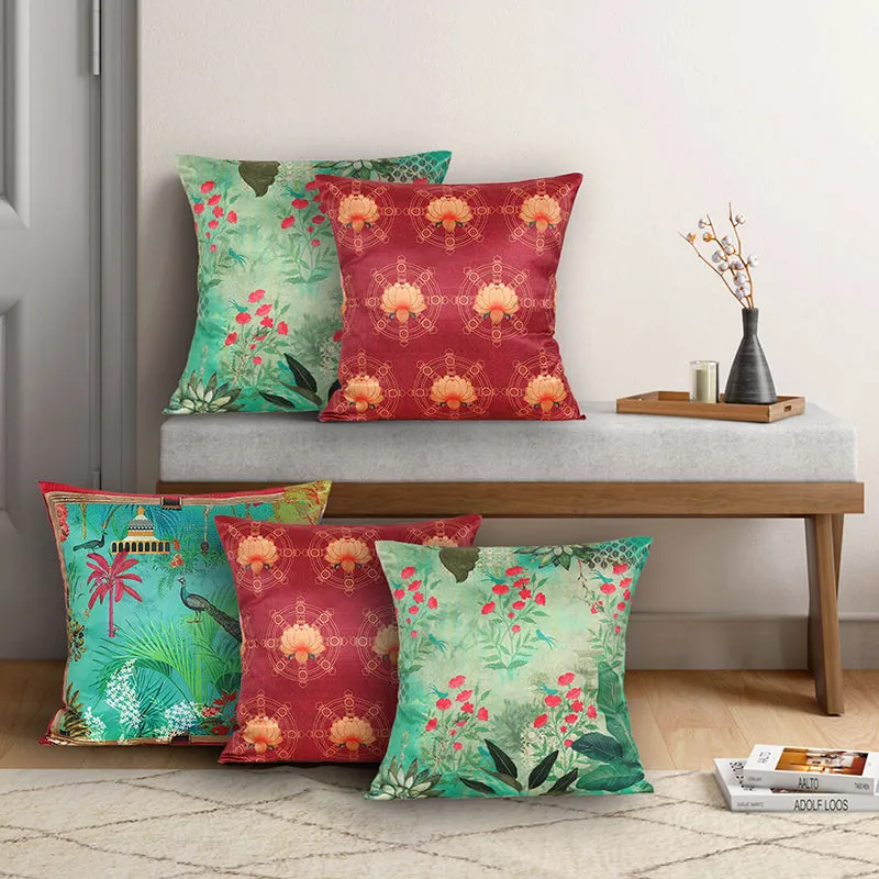 India Circus Arcane Bloom Printed Velvet Cushion Cover - Set Of Five media 1