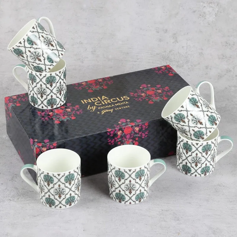 India Circus Bone China Tea Cup (220 mL Each),White,Green) - Set Of Six media 6
