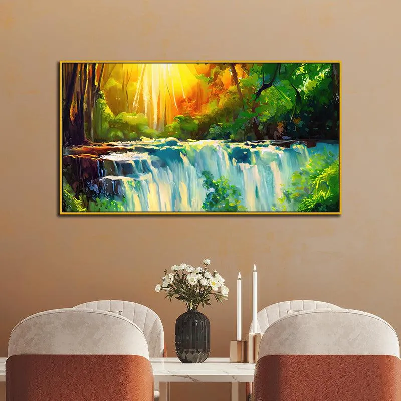 Sunlit Forest Waterfall Landscape Canvas Wall Painting With Frame - Gold media 1