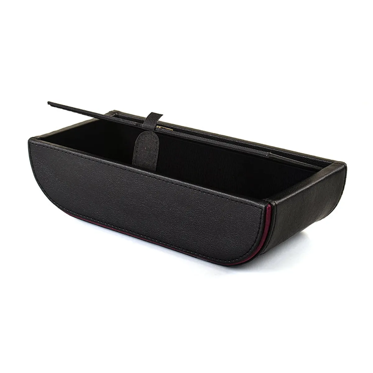 Open black tissue holder showing its interior and curved shape