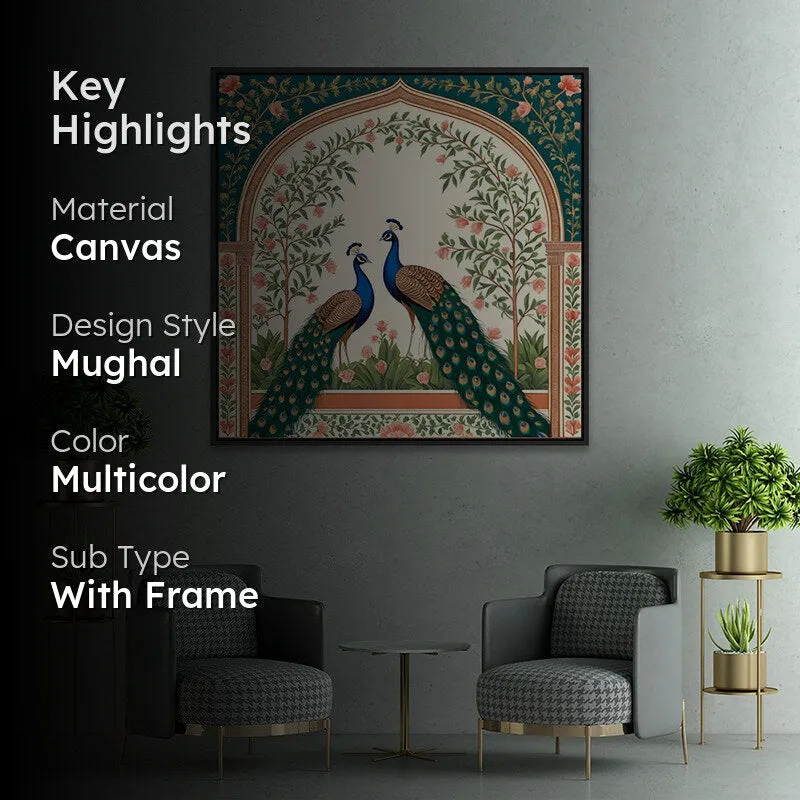 Framed peacock canvas wall painting with key highlights text on the left