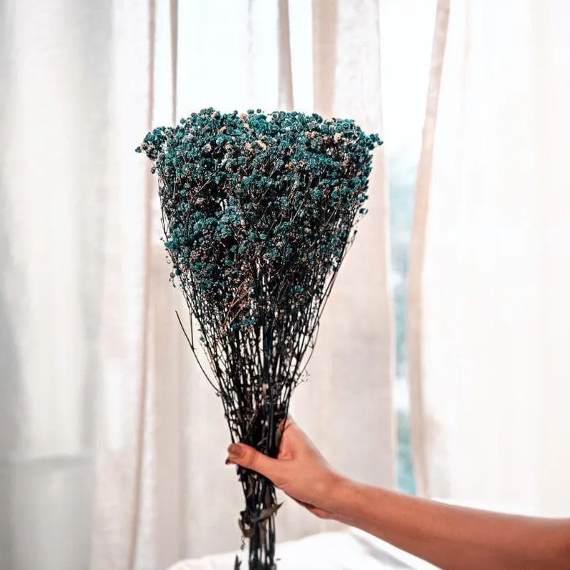 Blue dried baby breath stems gathered into a bouquet against sheer curtains.