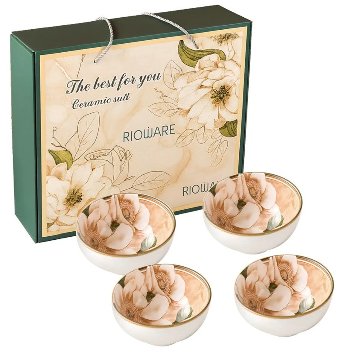 Four floral ceramic bowls displayed with a decorative Rioware box