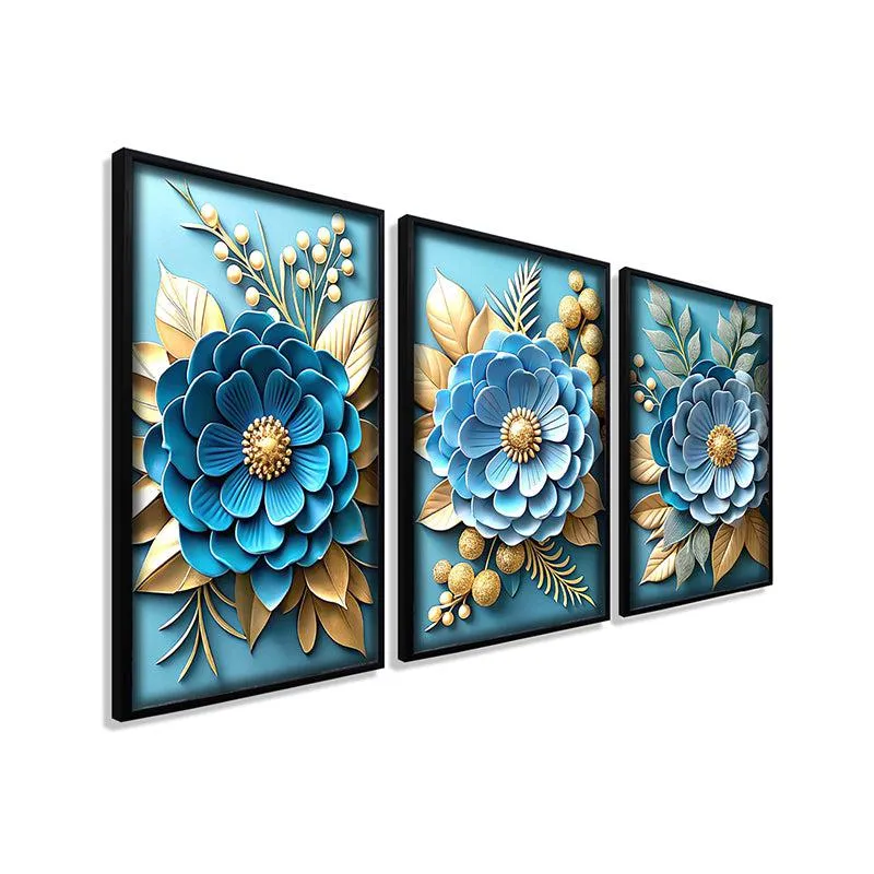 Cerulean Blooms Wall Art With Frame - Set Of Three media 5