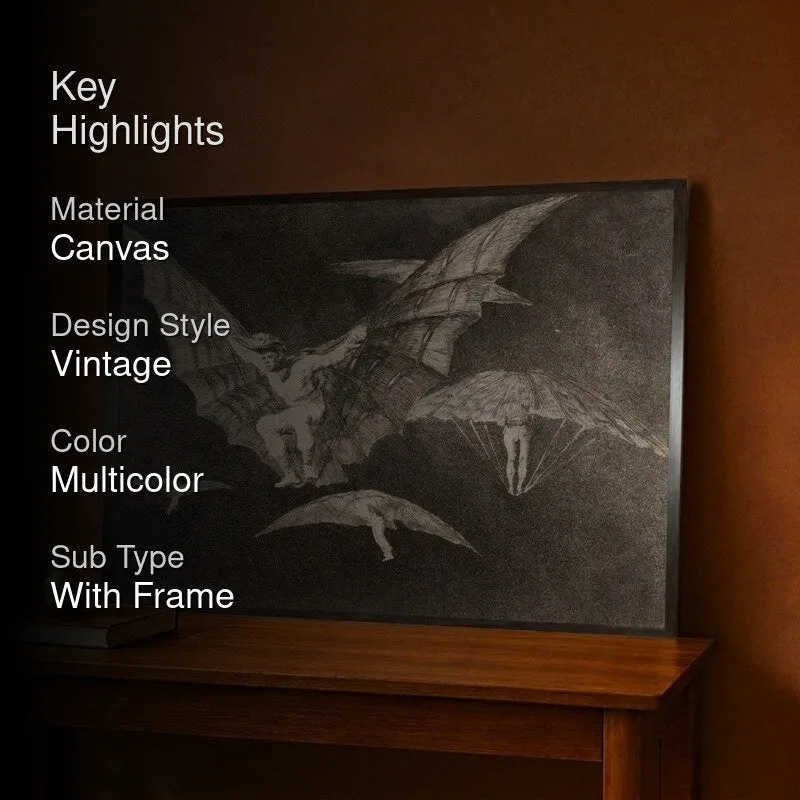 Framed wall painting styled on a wooden console with key highlights text overlay