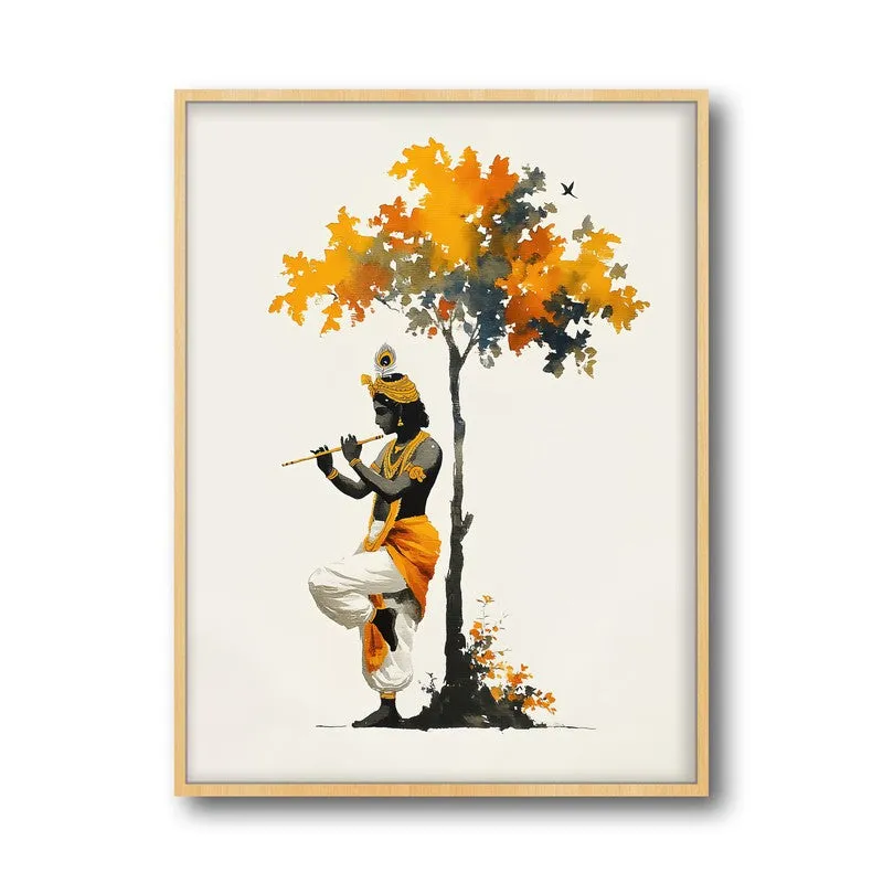 Lord Shyamsundar Krishna Playing Fluit Archival Paper Wall Art - Natural Brown Frame media 5