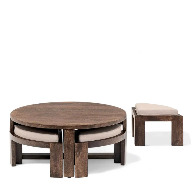 Kervon Sheesham Wooden Center Table with Stools and Cushions (Brown) - Nine Piece Set media 4