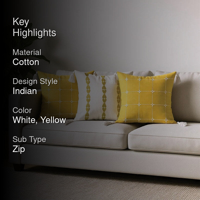 Urban Space Embroidered White,Yellow Cotton Cushion Cover Set -  Set of Three media 2
