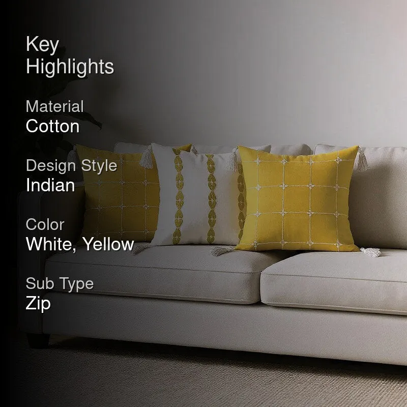 Urban Space Embroidered White,Yellow Cotton Cushion Cover Set -  Set of Three media 2